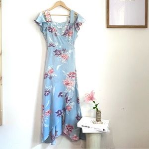 Light Blue Silk Wrap Dress w/ Shoulder Flounce and Cut-out